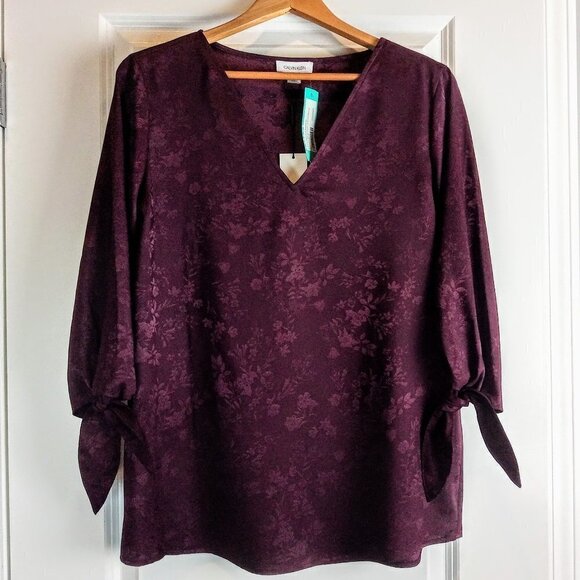 Calvin Klein Aysie Deep Purple Tie Sleeve Textured V-Neck Top NWT - Picture 1 of 6